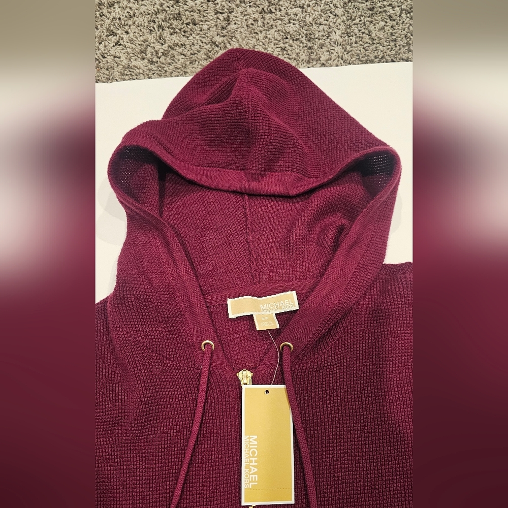 NWT Michael Kors Women's Maroon Knit Hoodie With Half Zipper And Strings--Size S - Picture 7 of 10